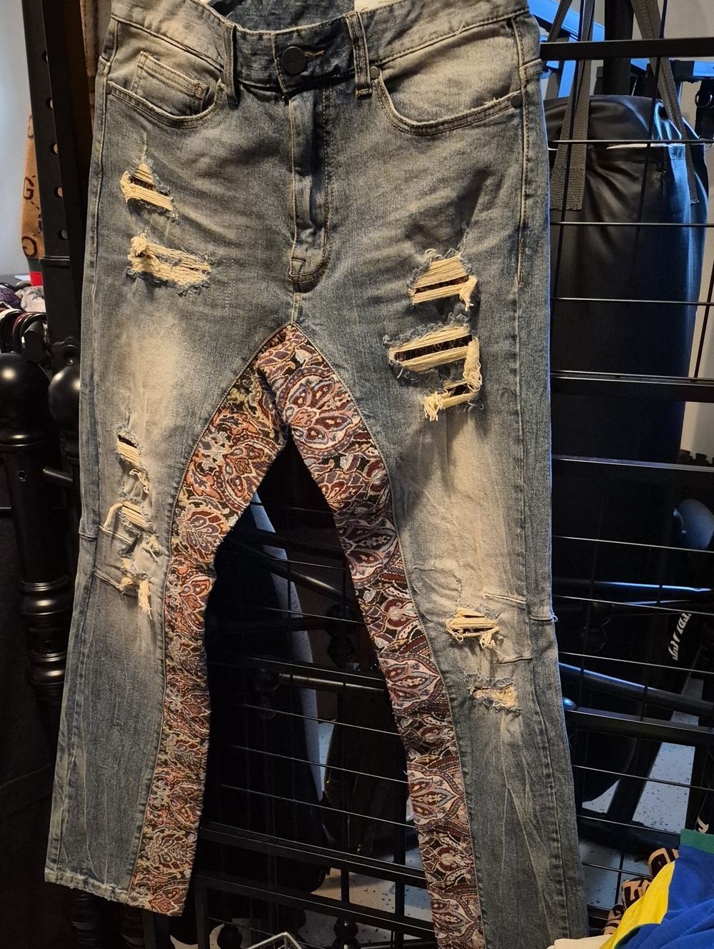 Distressed Light Wash Jeans with Paisley Patch Inset